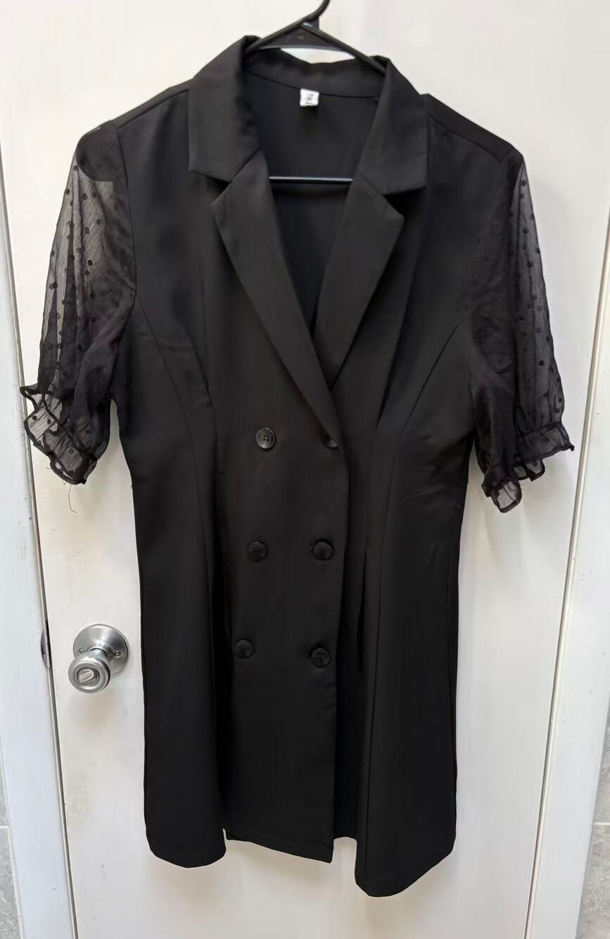 Women Black Blazer Dress Double Breasted Short Sheer Polka Dot Sleeve Size XS